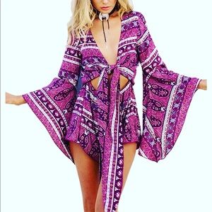 🌼 AELSON Rayon Magenta Boho HIPPIE Tie From Romper JUMPER SOFT! Magenta
